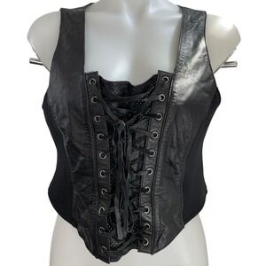 Leather Lace Up Corset Vest Neoprene Sides Black Biker Moto Edgy Alt XL